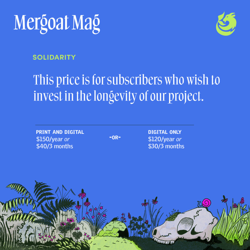 Solidarity Rate: This price is for subscribers who wish to invest in the longevity of our project. Print and digital: $150/year or $40/every 3 months. Or digital only: $120/year or $30/every 3 months.