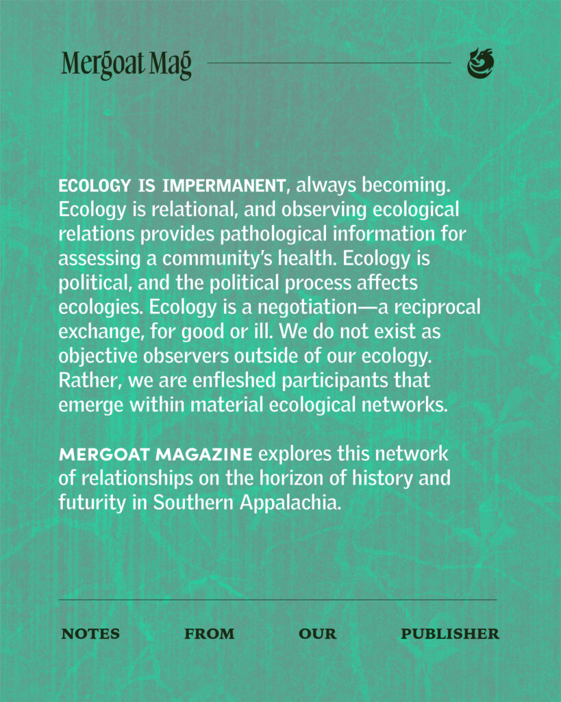 Ecology is impermanent, always becoming. Ecology is relational, and observing ecological relations provides pathological information for assessing a community's health. Ecology is political, and the political process affects ecologies. Ecology is a negotiation—a reciprocal exchange, for good or ill. We do not exist as objective observers outside of our ecology. Rather, we are enfleshed participants that emerge within material ecological networks. Mergoat Magazine explores this network of relationships on the horizon of history and futurity in Southern Appalachia.