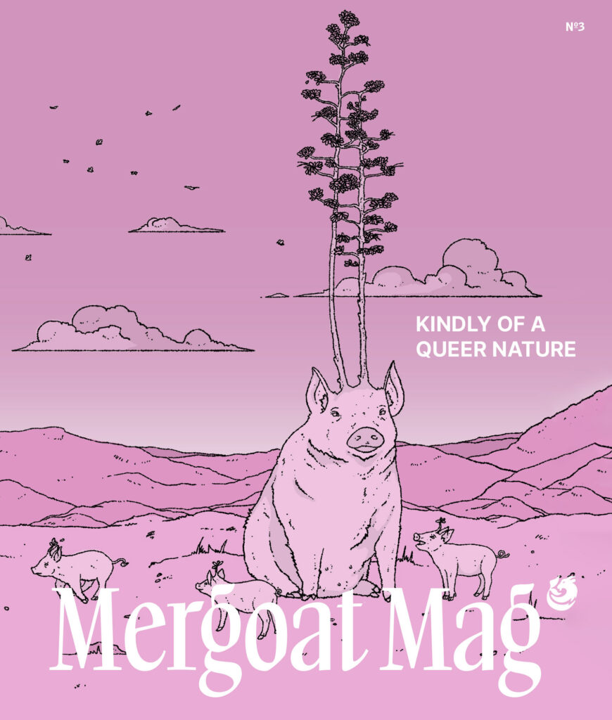 The Mergoat Mag Issue 3 "Kindly of a Queer Nature" cover showing an all-pink monochrome image of a pig with a big tree growing out of its head and three baby pigs running around with tree sprouts coming out of their heads in a spacious mountain scene.