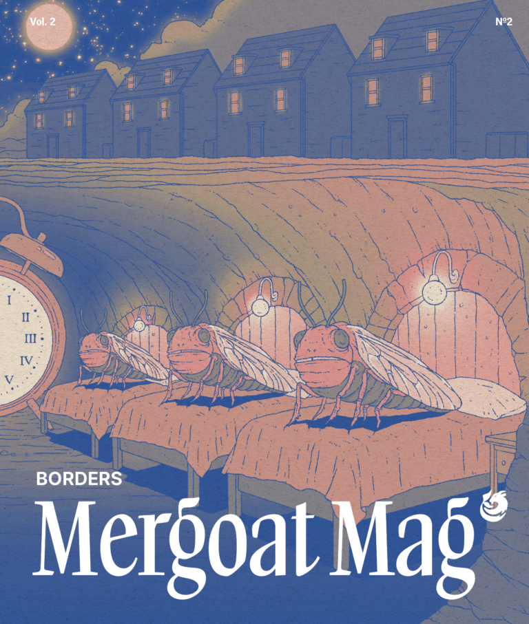 cover of mergoat mag volume 2 issue 2 with cicadas waiting in their beds underground while a clock with roman numerals ticks away the time until they emerge from their underground dwelling