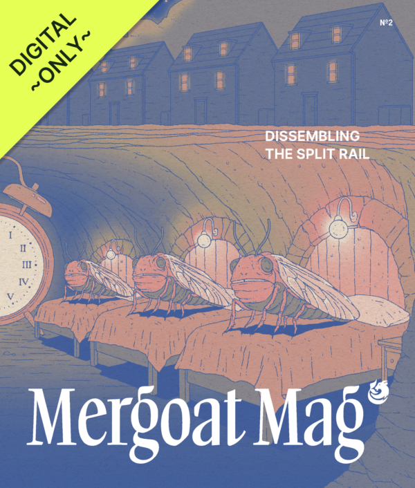 cover of mergoat mag volume 2 issue 2 with cicadas waiting in their beds underground while a clock with roman numerals ticks away the time until they emerge from their underground dwelling