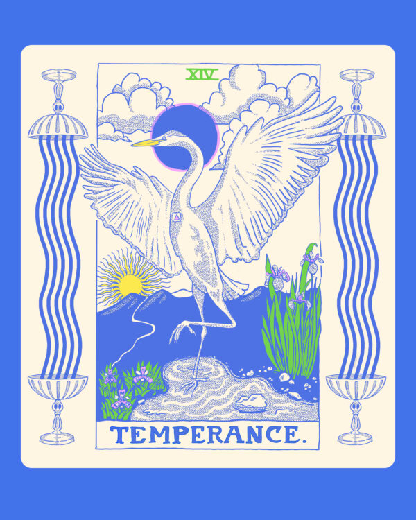 artwork of a heron with wings outstretched in the style of the Temperance tarot card