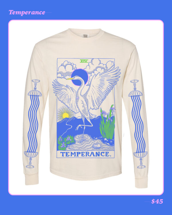 Long sleeve cream-colored shirt with artwork on the front and sleeves